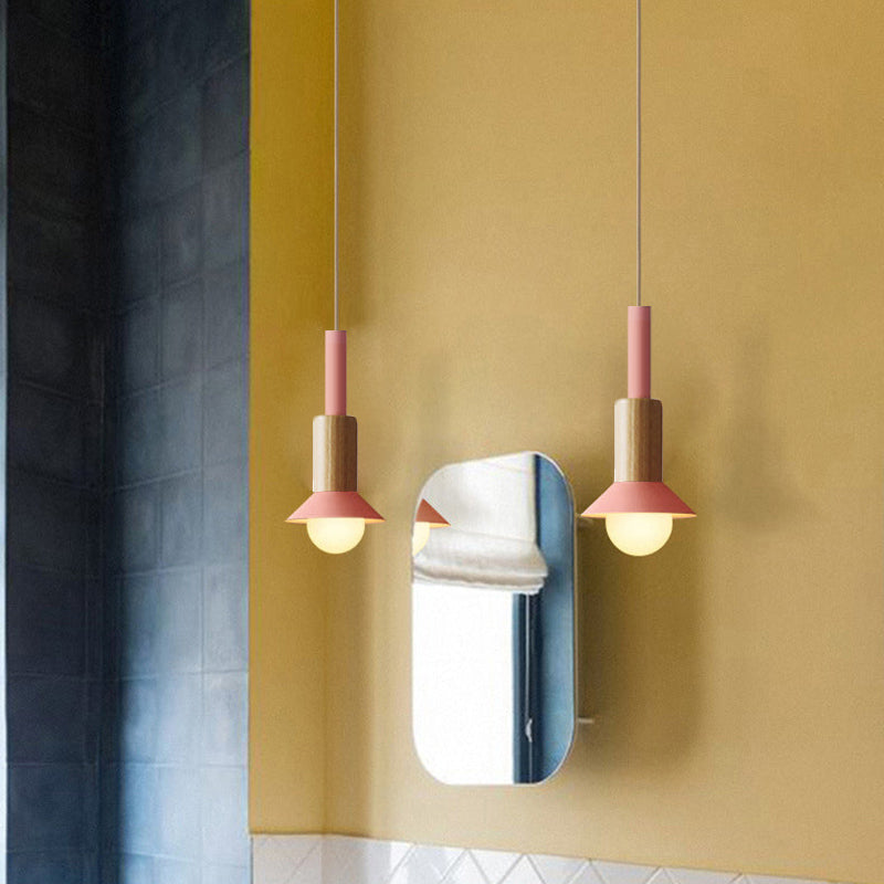 Contemporary Scandinavian Irregular Round Cylinder Iron Wood 1-light Pendant Light for Living Room BulbSquare