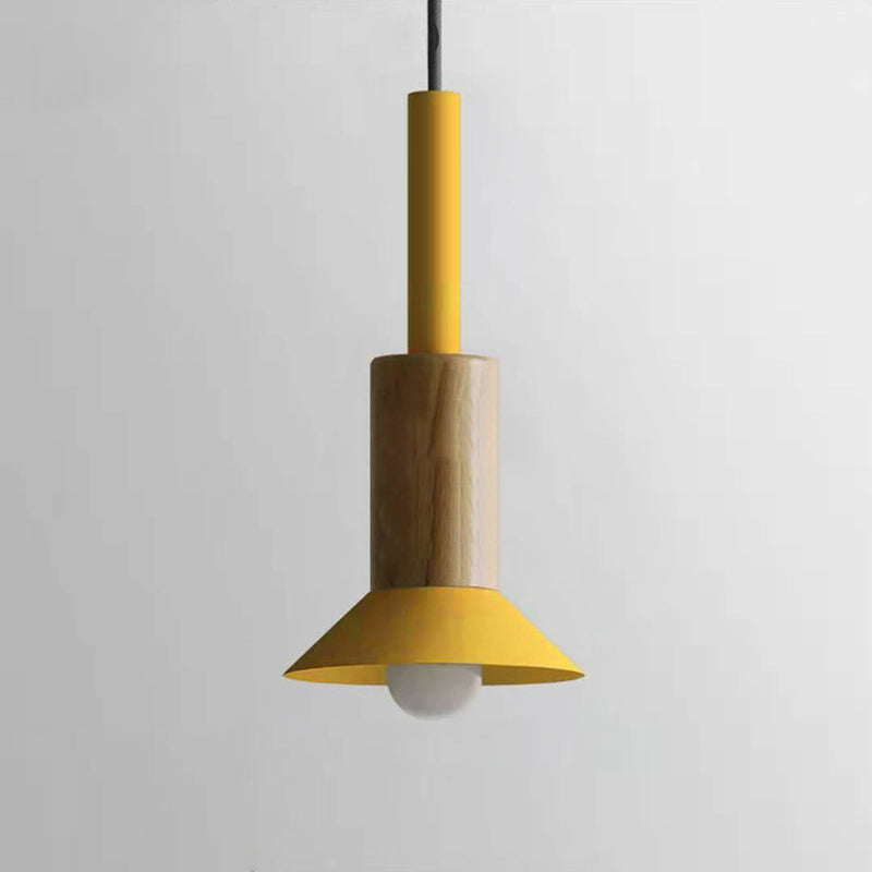 Contemporary Scandinavian Irregular Round Cylinder Iron Wood 1-light Pendant Light for Living Room BulbSquare