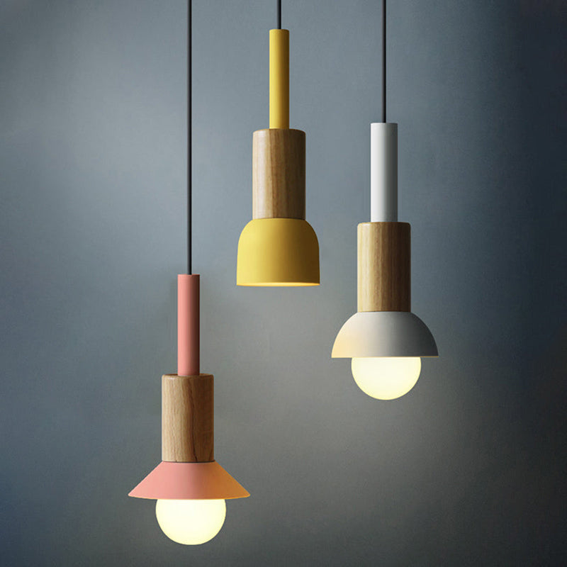 Contemporary Scandinavian Irregular Round Cylinder Iron Wood 1-light Pendant Light for Living Room BulbSquare