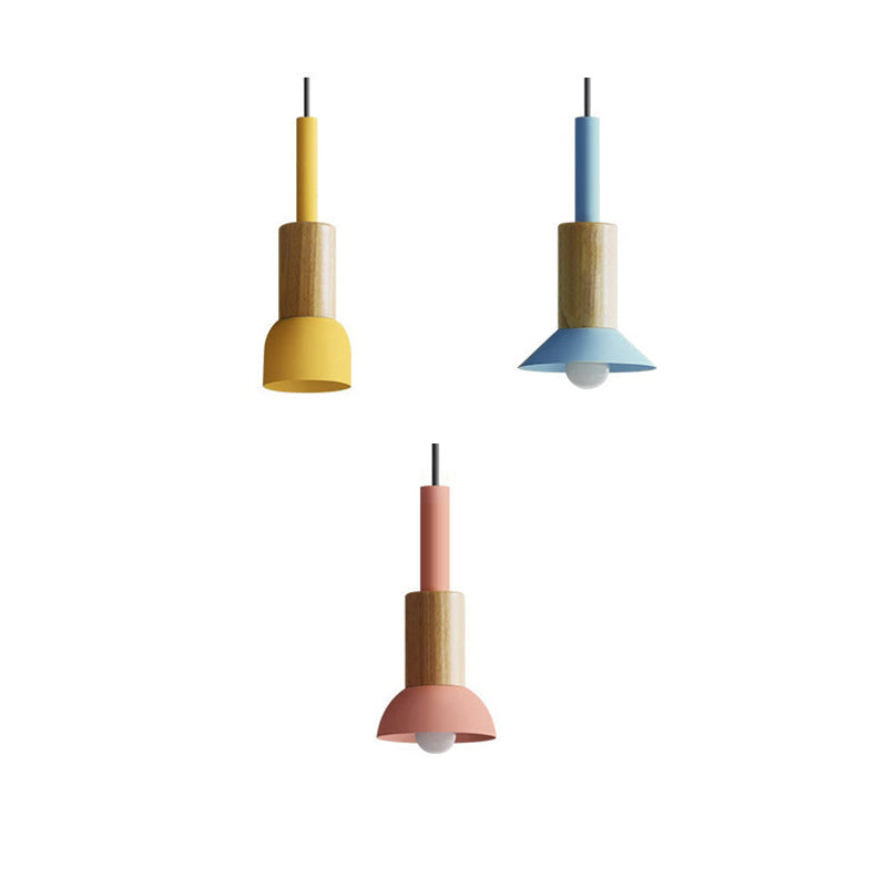 Contemporary Scandinavian Irregular Round Cylinder Iron Wood 1-light Pendant Light for Living Room BulbSquare