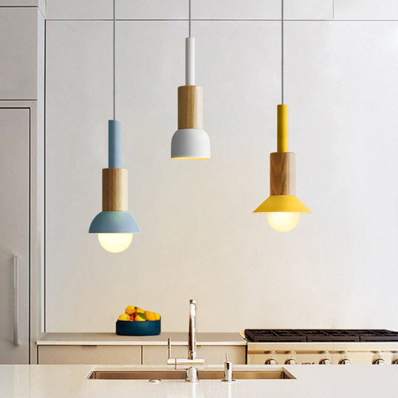 Contemporary Scandinavian Irregular Round Cylinder Iron Wood 1-light Pendant Light for Living Room BulbSquare