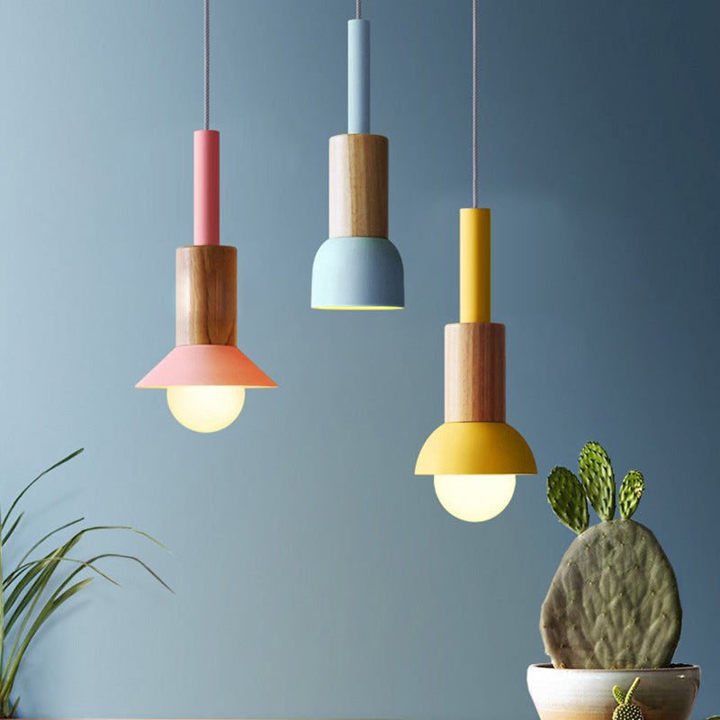 Contemporary Scandinavian Irregular Round Cylinder Iron Wood 1-light Pendant Light for Living Room BulbSquare