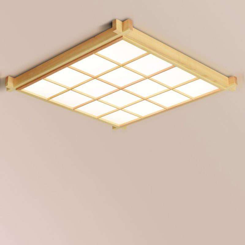 Traditional Japanese Square Wood Acrylic LED Flush Mount Ceiling Light for Living Room