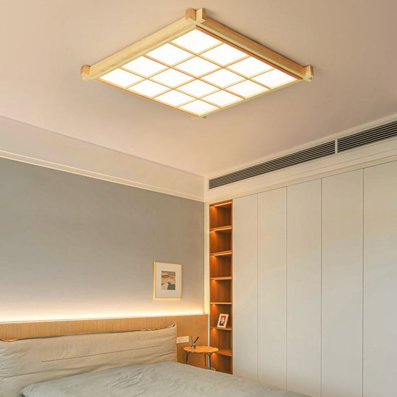 Traditional Japanese Square Wood Acrylic LED Flush Mount Ceiling Light for Living Room