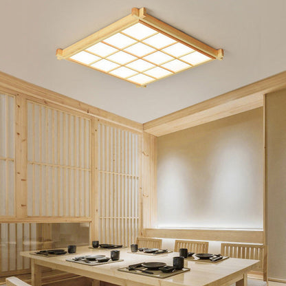 Traditional Japanese Square Wood Acrylic LED Flush Mount Ceiling Light for Living Room