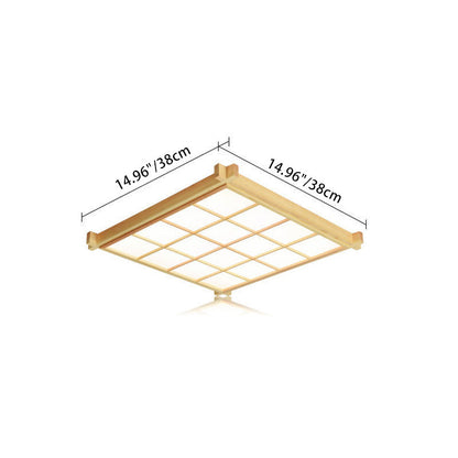 Traditional Japanese Square Wood Acrylic LED Flush Mount Ceiling Light for Living Room