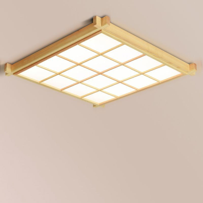 Traditional Japanese Square Wood Acrylic LED Flush Mount Ceiling Light for Living Room