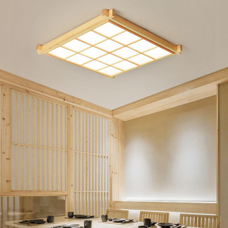 Traditional Japanese Square Wood Acrylic LED Flush Mount Ceiling Light for Living Room