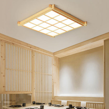 Traditional Japanese Square Wood Acrylic LED Flush Mount Ceiling Light for Living Room