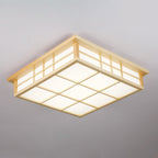 Traditional Japanese Square Wood Paper LED Flush Mount Ceiling Light For Living Room