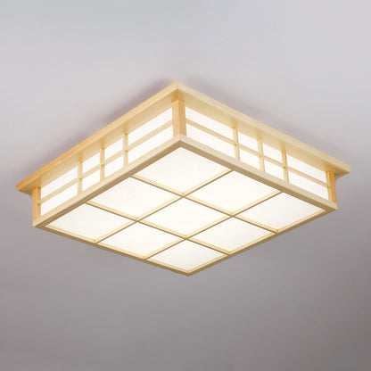 Traditional Japanese Square Wood Paper LED Flush Mount Ceiling Light For Living Room