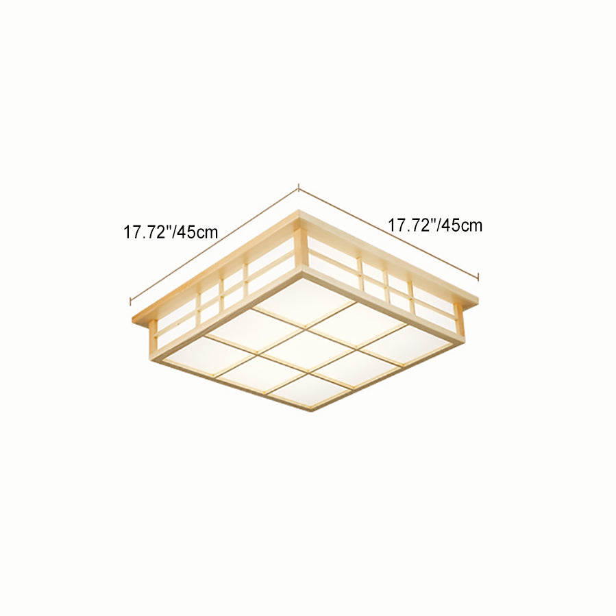 Traditional Japanese Square Wood Paper LED Flush Mount Ceiling Light For Living Room