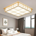 Traditional Japanese Square Wood Paper LED Flush Mount Ceiling Light For Living Room