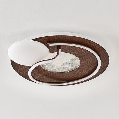 Traditional Chinese Round Rectangular Landscape Painting Iron Acrylic LED Flush Mount Ceiling Light For Bedroom