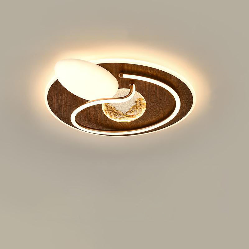 Traditional Chinese Round Rectangular Landscape Painting Iron Acrylic LED Flush Mount Ceiling Light For Bedroom
