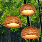 Traditional Chinese Cylindrical Round Bamboo Iron 1-Light Pendant Light For Living Room