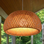 Traditional Chinese Cylindrical Round Bamboo Iron 1-Light Pendant Light For Living Room