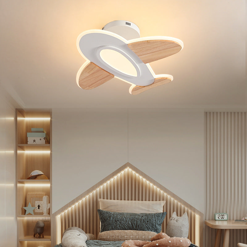 Lumendat Contemporary Creative Kid Aircraft-Shaped Round Iron Aluminum Acrylic Wooden LED Semi-Flush Mount Ceiling Light For Bedroom Lumendat