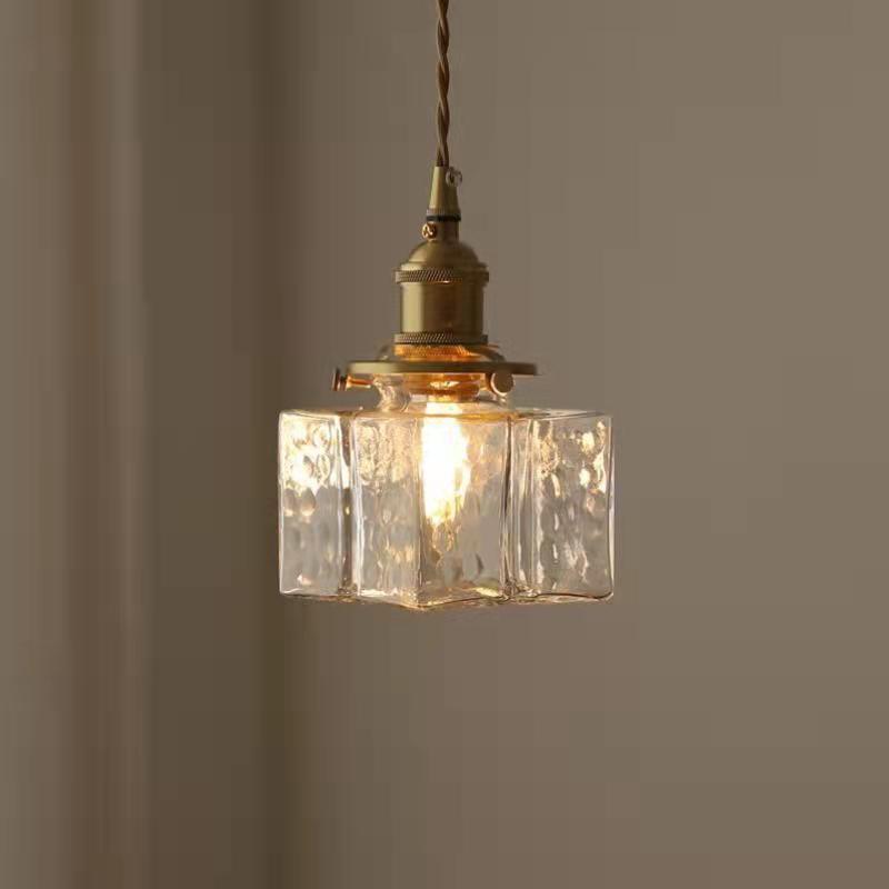 Traditional Vintage Square Rectangle Ripple Glass Iron 1-light Pendant Light for Living Room