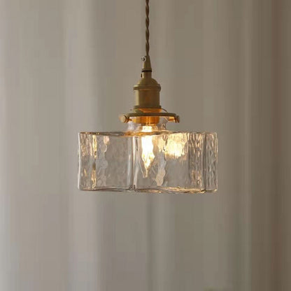 Traditional Vintage Square Rectangle Ripple Glass Iron 1-light Pendant Light for Living Room