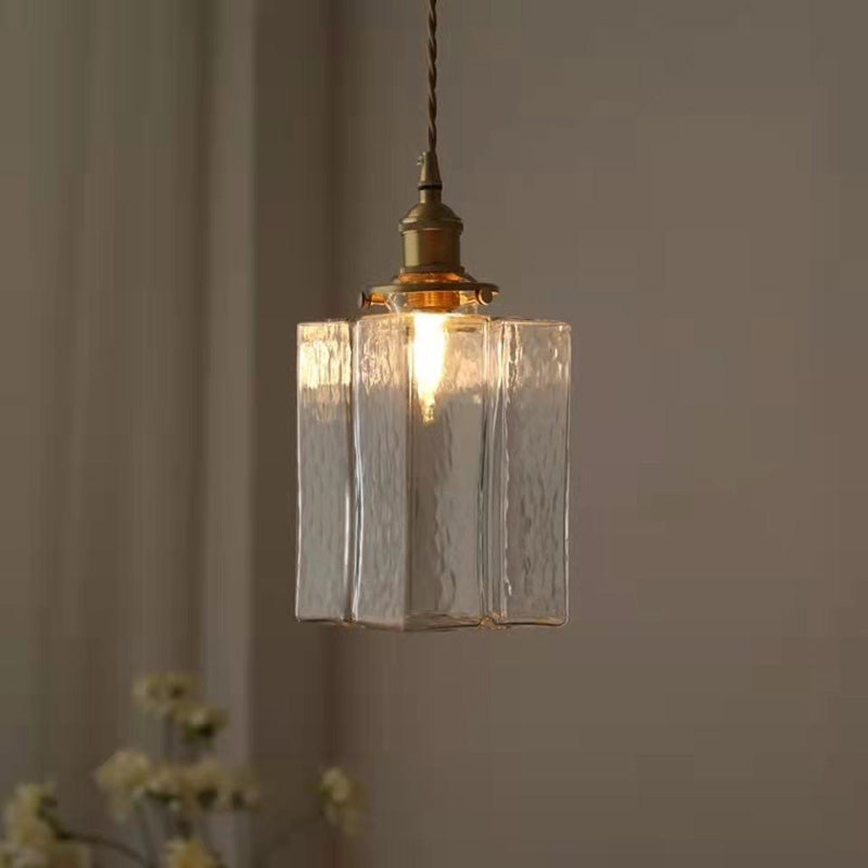 Traditional Vintage Square Rectangle Ripple Glass Iron 1-light Pendant Light for Living Room