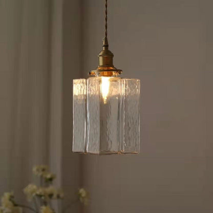 Traditional Vintage Square Rectangle Ripple Glass Iron 1-light Pendant Light for Living Room