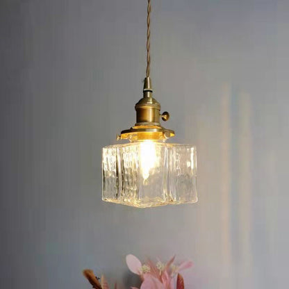 Traditional Vintage Square Rectangle Ripple Glass Iron 1-light Pendant Light for Living Room