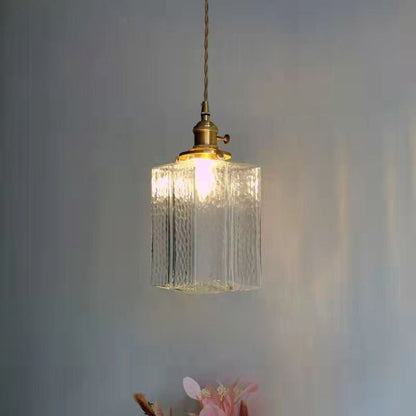 Traditional Vintage Square Rectangle Ripple Glass Iron 1-light Pendant Light for Living Room