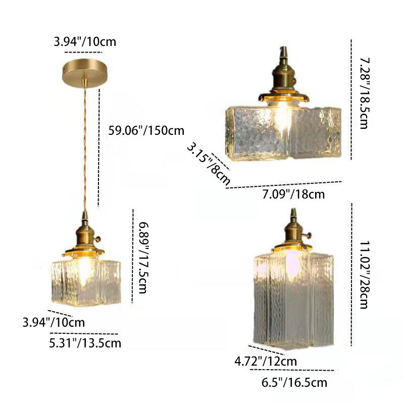 Traditional Vintage Square Rectangle Ripple Glass Iron 1-light Pendant Light for Living Room