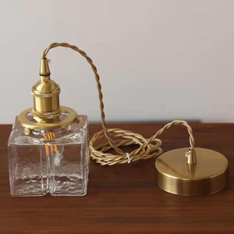 Traditional Vintage Square Rectangle Ripple Glass Iron 1-light Pendant Light for Living Room