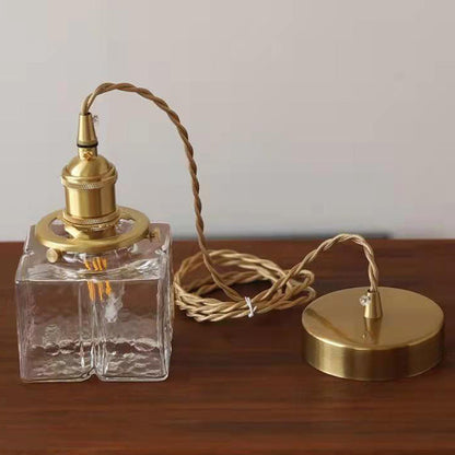 Traditional Vintage Square Rectangle Ripple Glass Iron 1-light Pendant Light for Living Room