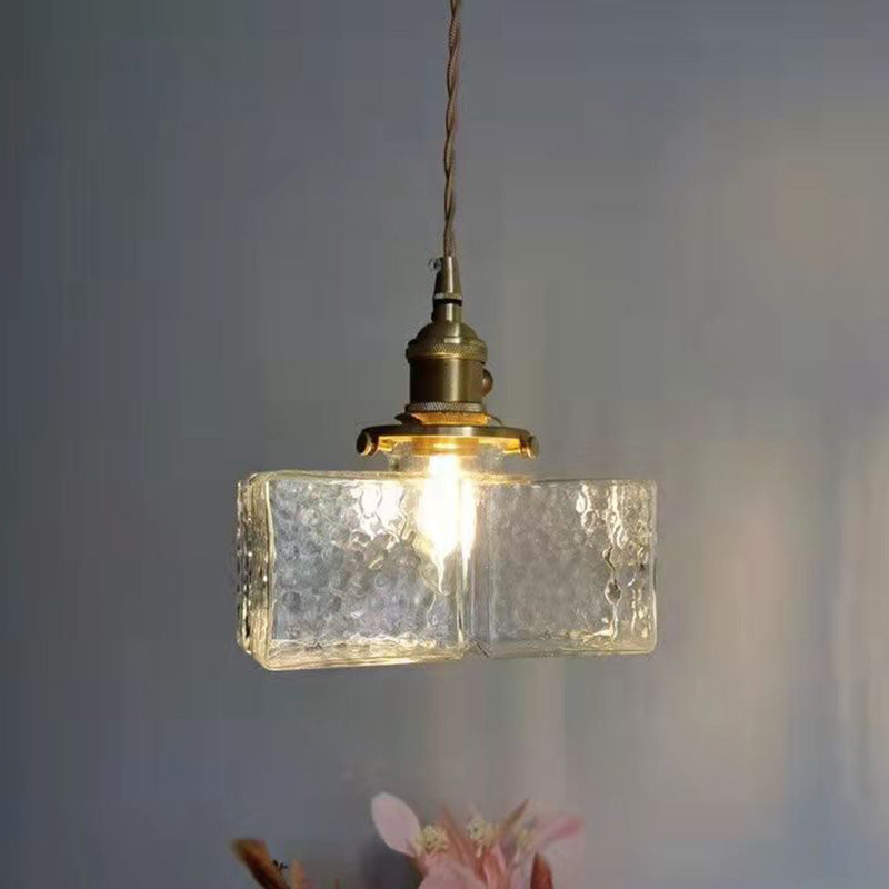 Traditional Vintage Square Rectangle Ripple Glass Iron 1-light Pendant Light for Living Room