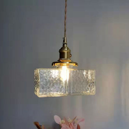 Traditional Vintage Square Rectangle Ripple Glass Iron 1-light Pendant Light for Living Room