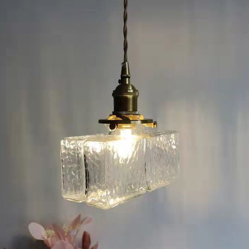 Traditional Vintage Square Rectangle Ripple Glass Iron 1-light Pendant Light for Living Room