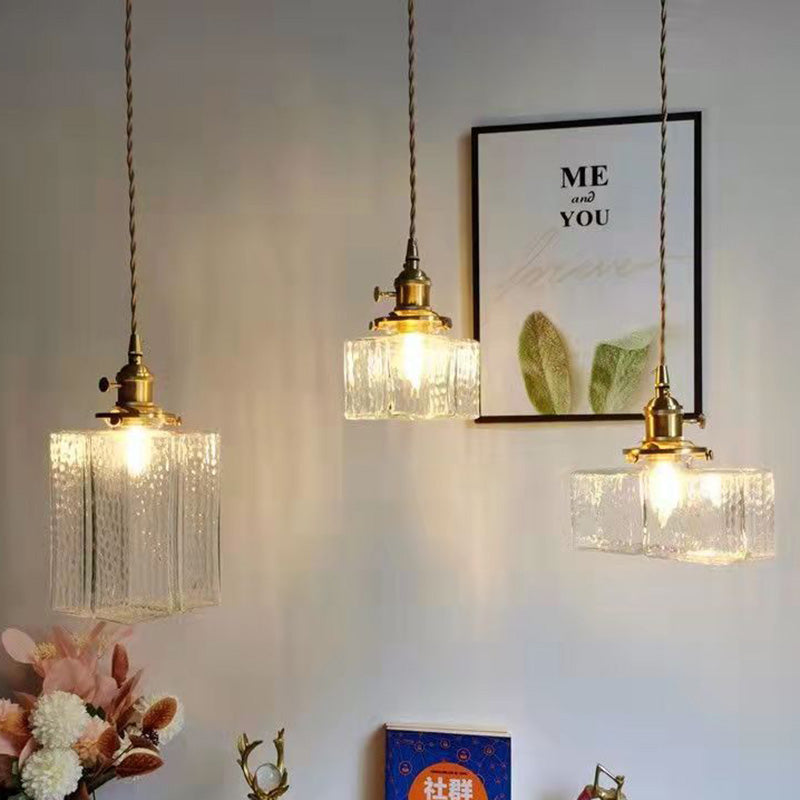 Traditional Vintage Square Rectangle Ripple Glass Iron 1-light Pendant Light for Living Room