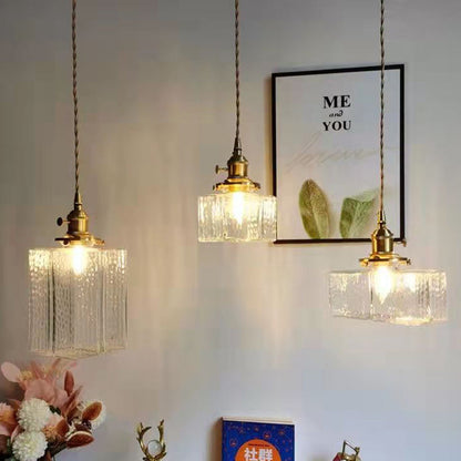 Traditional Vintage Square Rectangle Ripple Glass Iron 1-light Pendant Light for Living Room