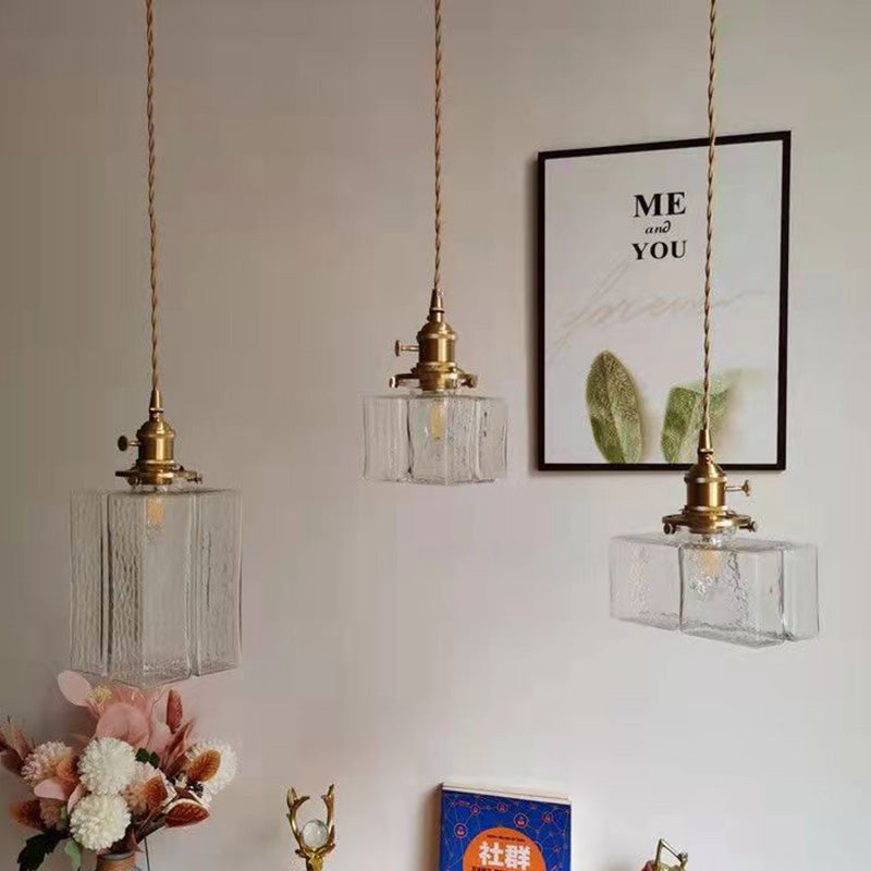Traditional Vintage Square Rectangle Ripple Glass Iron 1-light Pendant Light for Living Room