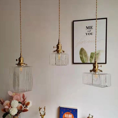 Traditional Vintage Square Rectangle Ripple Glass Iron 1-light Pendant Light for Living Room