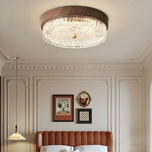 Contemporary Nordic Round Wood Grain Water Ripple Iron Glass LED Flush Mount Ceiling Light for Bedroom