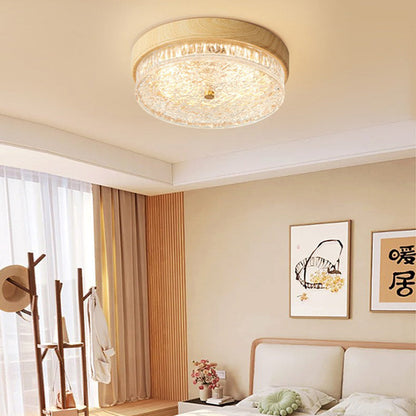 Contemporary Nordic Round Wood Grain Water Ripple Iron Glass LED Flush Mount Ceiling Light for Bedroom