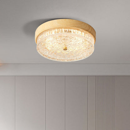 Contemporary Nordic Round Wood Grain Water Ripple Iron Glass LED Flush Mount Ceiling Light for Bedroom