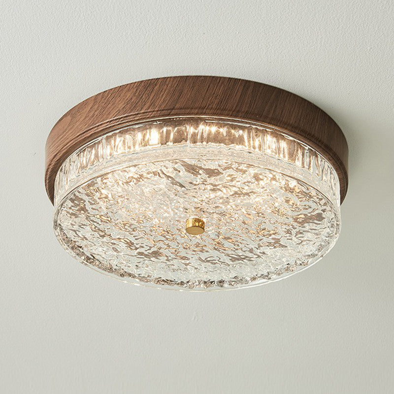 Contemporary Nordic Round Wood Grain Water Ripple Iron Glass LED Flush Mount Ceiling Light for Bedroom