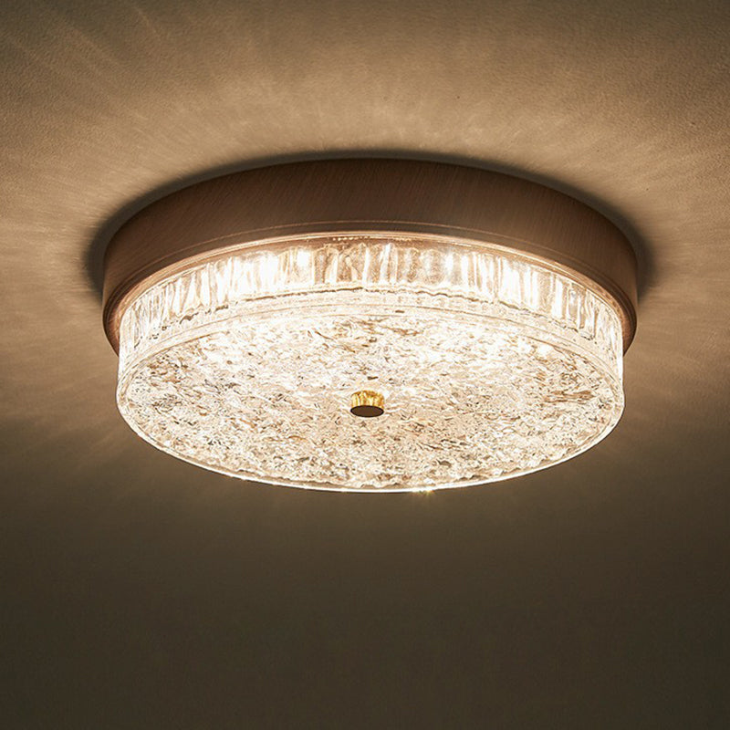 Contemporary Nordic Round Wood Grain Water Ripple Iron Glass LED Flush Mount Ceiling Light for Bedroom