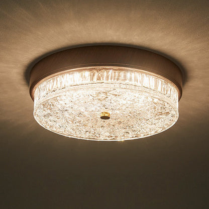 Contemporary Nordic Round Wood Grain Water Ripple Iron Glass LED Flush Mount Ceiling Light for Bedroom