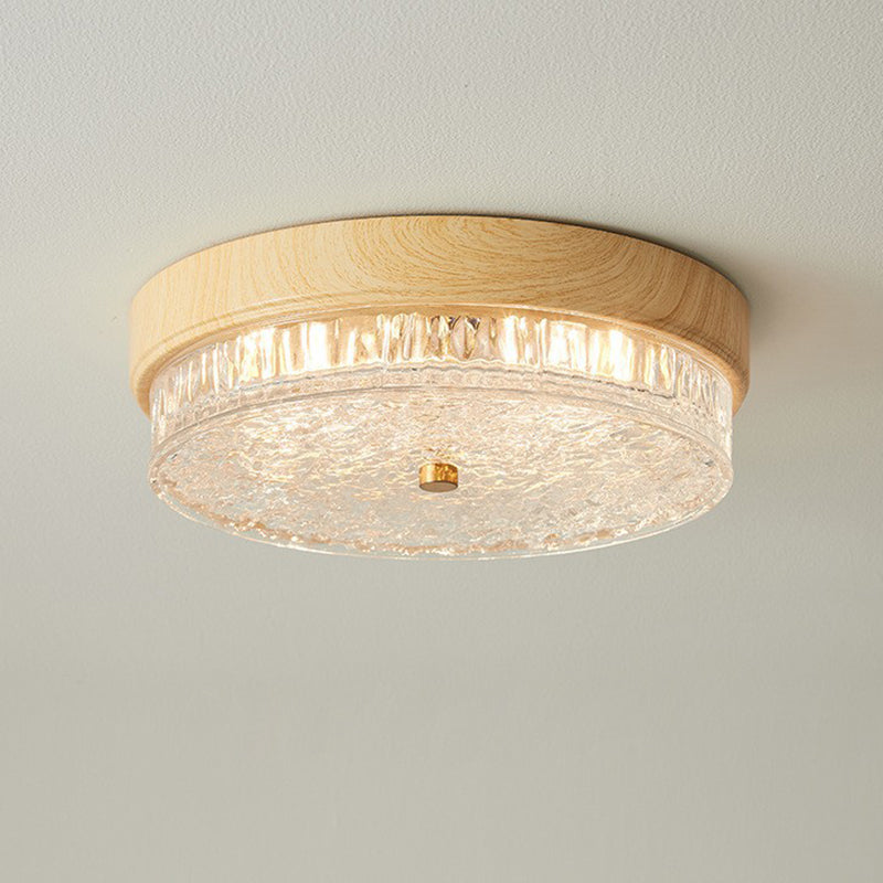 Contemporary Nordic Round Wood Grain Water Ripple Iron Glass LED Flush Mount Ceiling Light for Bedroom