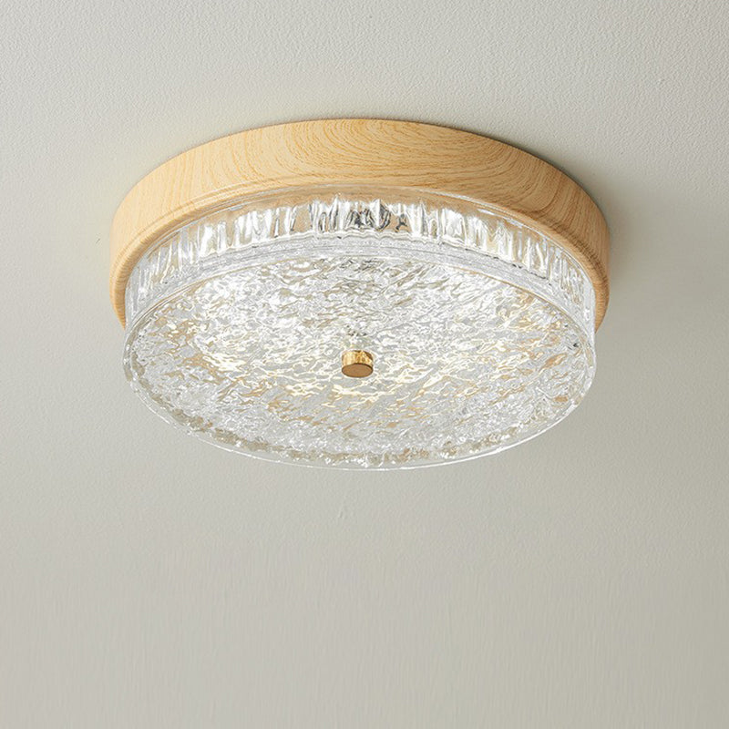 Contemporary Nordic Round Wood Grain Water Ripple Iron Glass LED Flush Mount Ceiling Light for Bedroom