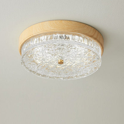 Contemporary Nordic Round Wood Grain Water Ripple Iron Glass LED Flush Mount Ceiling Light for Bedroom