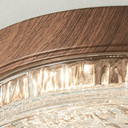 Contemporary Nordic Round Wood Grain Water Ripple Iron Glass LED Flush Mount Ceiling Light for Bedroom