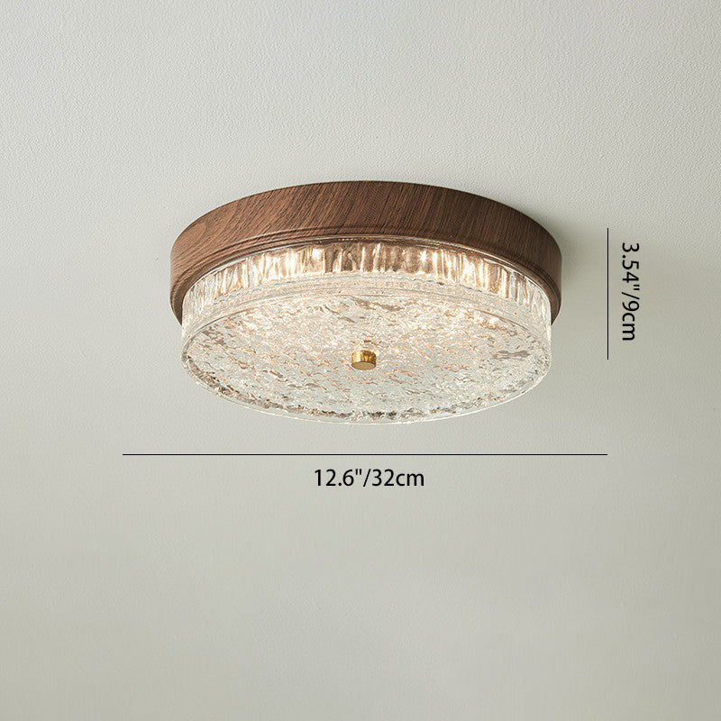 Contemporary Nordic Round Wood Grain Water Ripple Iron Glass LED Flush Mount Ceiling Light for Bedroom