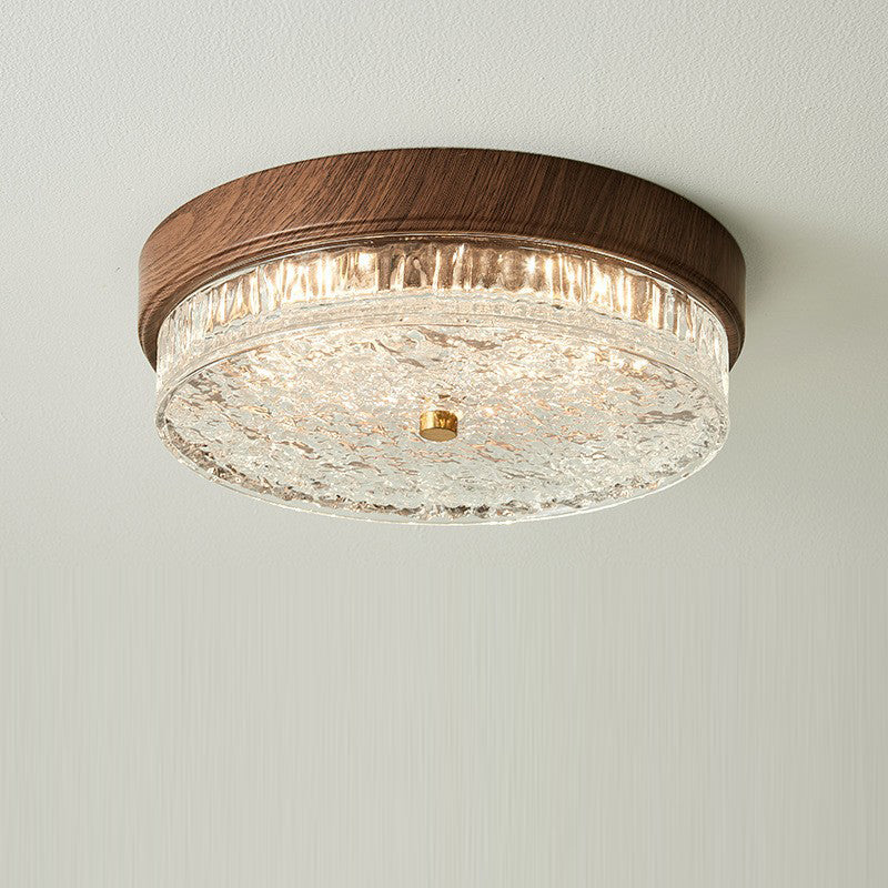 Contemporary Nordic Round Wood Grain Water Ripple Iron Glass LED Flush Mount Ceiling Light for Bedroom